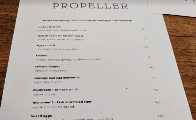 Propeller Restaurant Menu, Perth City